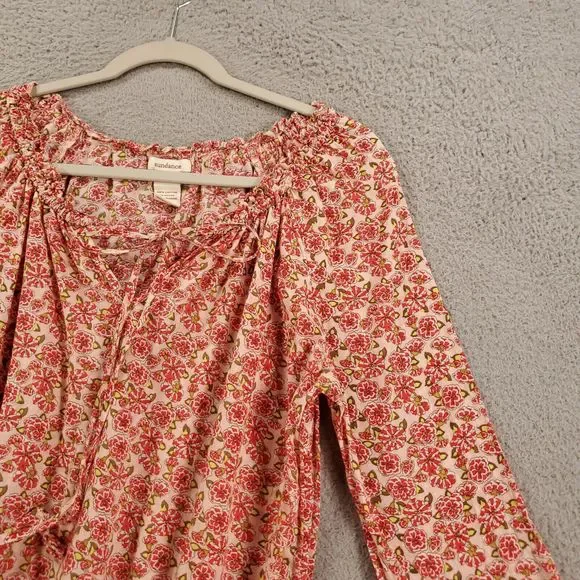 Sundance Tunic Womens Small Pink Floral Elastic Waist Delicate Blouse Tie Neck - Picture 3 of 15